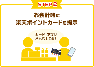 step02 お会計時に楽天ポイントカードを提示(カード・アプリどちらもOK!)
