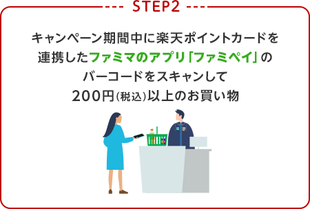 【STEP2】キャンペーン期間中に楽天ポイントカードを連携したファミマのアプリ「ファミペイ」のバーコードをスキャンして200円(税込)以上のお買い物