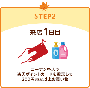 STEP2：来店1日目／コーナン各店で楽天ポイントカードを提示して200円(税抜)以上お買い物