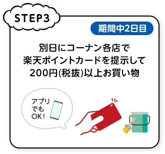 STEP3 期間中2日目 / 別日にコーナン各店で楽天ポイントカードを提示して200円(税抜)以上お買い物 / アプリでもOK！