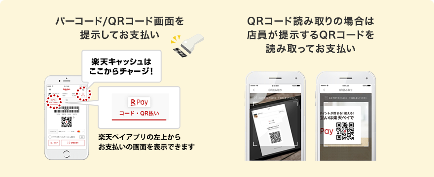 バーコード/QRコード画面を提示してお支払い(楽天ペイアプリの左上からお支払いの画面を表示できます)/QRコード読み取りの場合は店員が提示するQRコードを読み取ってお支払い
