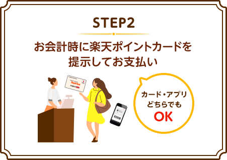 STEP2:お会計時に楽天ポイントカードを提示してお支払い(カード・アプリどちらでもOK)