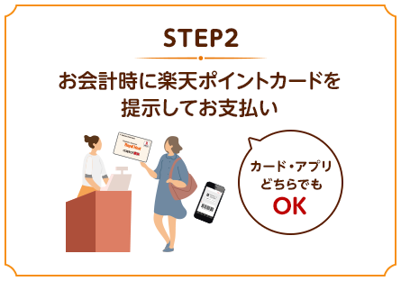 STEP2: お会計時に楽天ポイントカードを提示してお支払い (カード・アプリどちらでもOK)