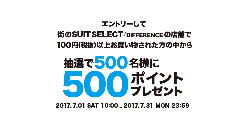 エントリーして、SUIT SELECT/DIFFERENCEの店舗で100円（税抜）以上お買い物された方の中から抽選で500名様に500ポイントプレゼント