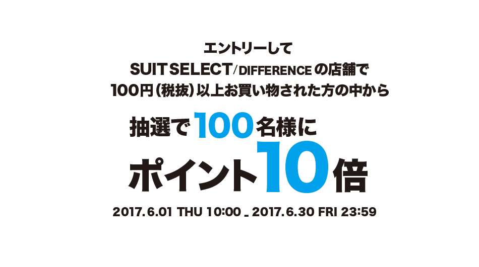 エントリーして、SUIT SELECT/DIFFERENCEの店舗で100円（税抜）以上お買い物された方の中から100名様にポイント10倍！