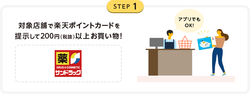 STEP1：対象店舗で楽天ポイントカードを提示して200円(税抜)以上お買い物！アプリでもOK！