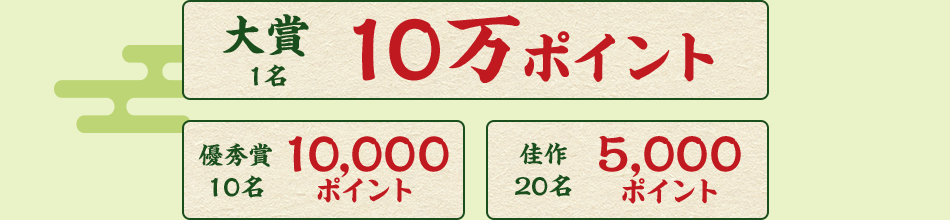 大賞(1名) 10万ポイント、優秀賞(10名) 10,000ポイント、佳作(20名) 5,000ポイント